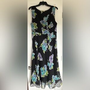 Talbots Black Midi Dress with Blue and Purple Floral Pattern